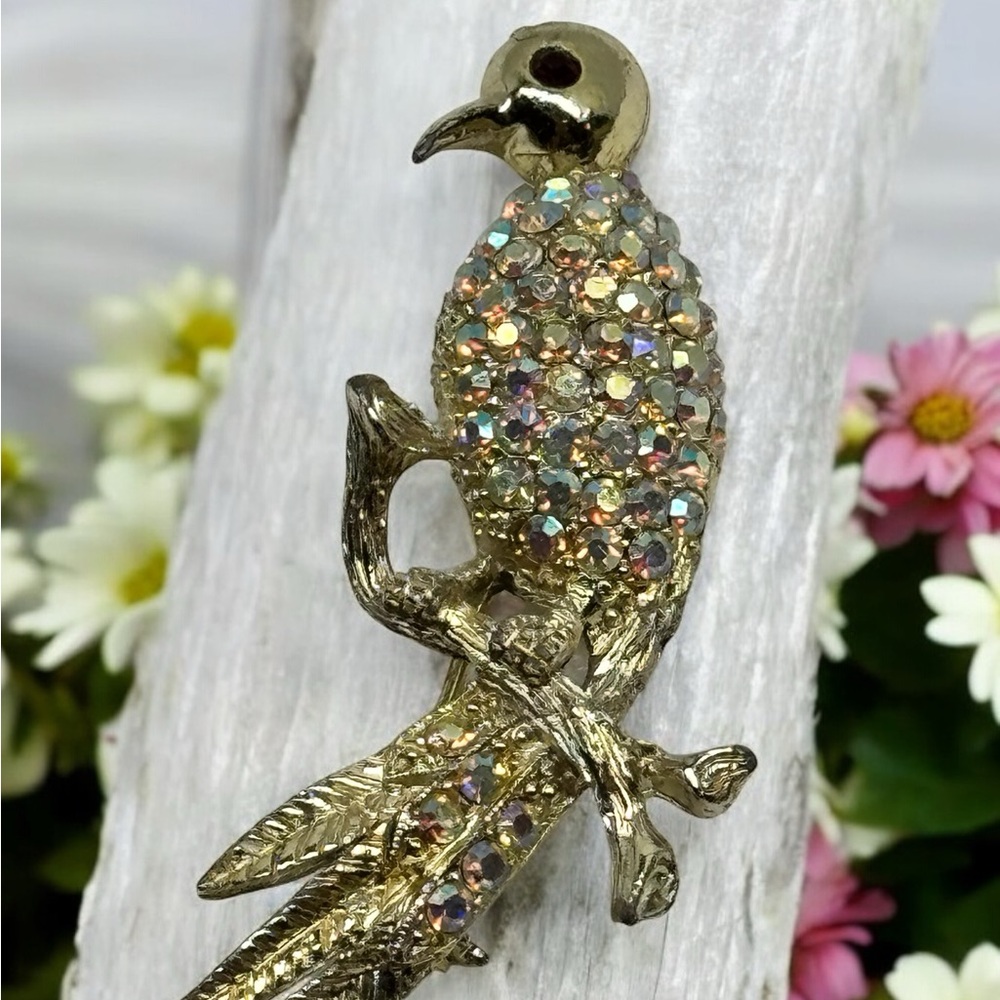 Sparkling Vintage Figural Bird on a  Branch Brooch Pin AB Rhinestones Red Eye